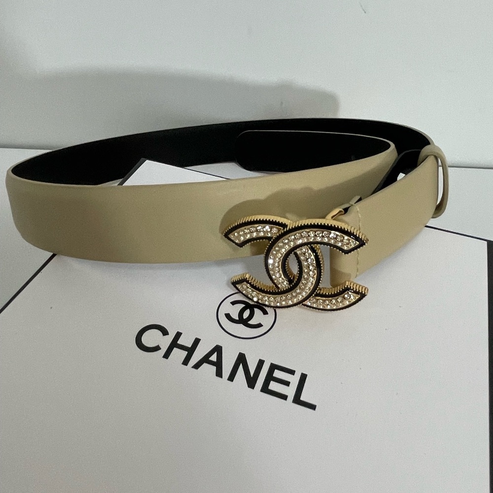 Chanel Beige Leather Belt with Crystal CC Buckle